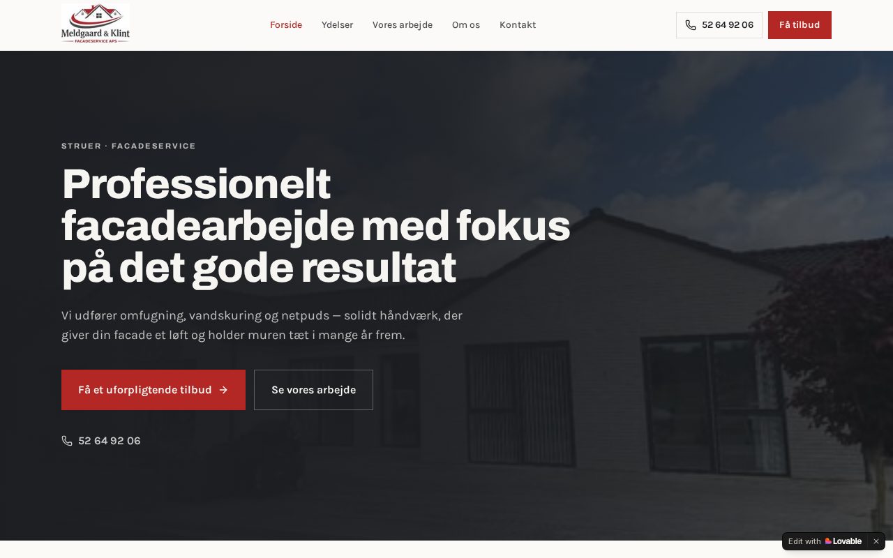 Skærmbillede af hjemmesiden for Meldgaard & Klint – hjemmeside · facadeservice designet af Webdesign Vikings