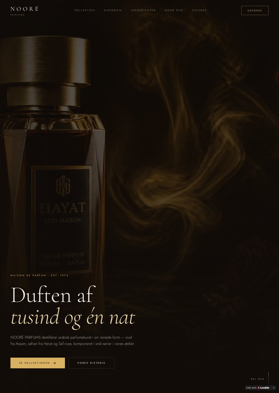 Skærmbillede af hjemmesiden for Nooré Parfums – hjemmeside · luksusparfume designet af Webdesign Vikings